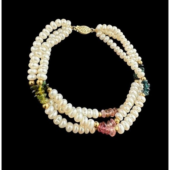 14k Three Strand Freshwater Pearl Multi gemstone Beaded Bracelet 7.5 Inches - Picture 1 of 8